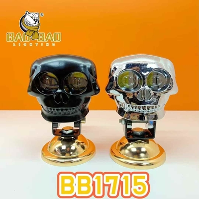 Crâne en aluminium 12V 2 yeux blanc jaune double couleur flash argenté noir pour moto mini lumière de conduite